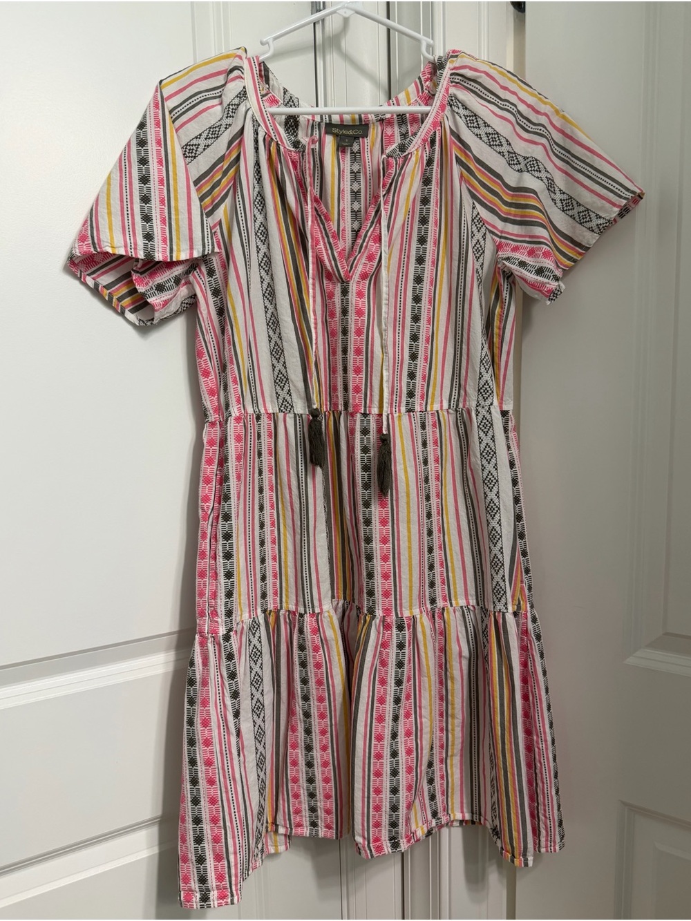 Style & Co. Pink Stripe Short Sleeve Tiered Dress